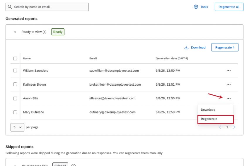 3 dots clicked next to a participant to open the menu and regenerate the report