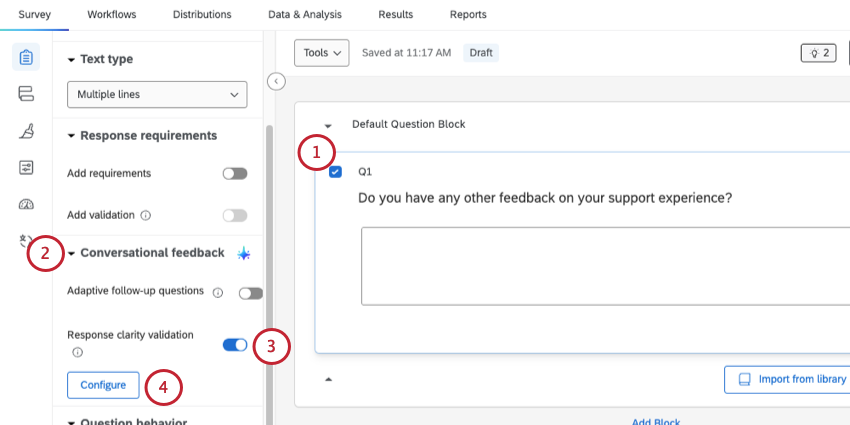 selecting a text entry and configuring the response clarity