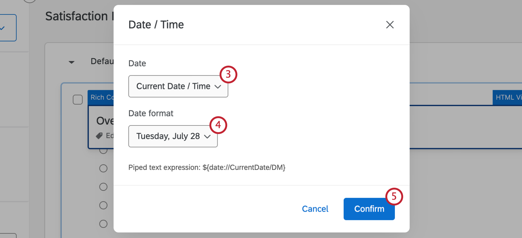 options to configure the type of date/time to insert as piped text