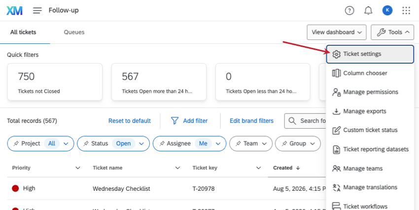 nella pagina successiva, cliccando sul pulsante "Strumenti" vengono visualizzate le impostazioni del ticket