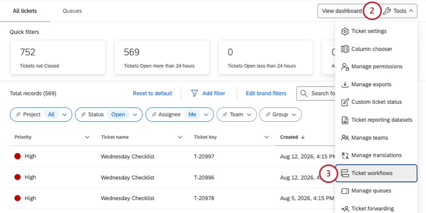 ticket workflows option in the tools menu on the tickets follow up page