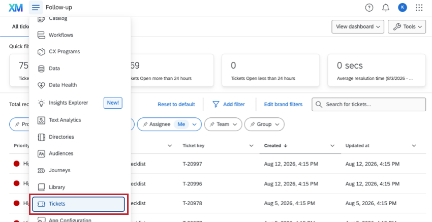 top left global hamburger menu opened and tickets highlighted 