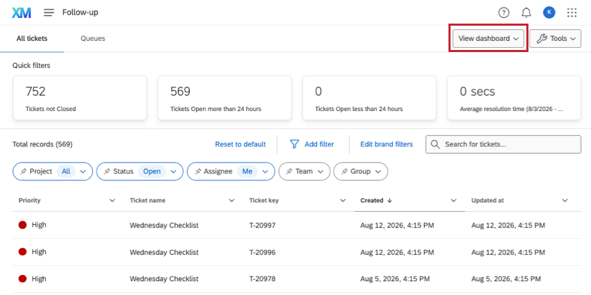 view dashboard is a dropdown menu in the upper-right of the tickets follow up page