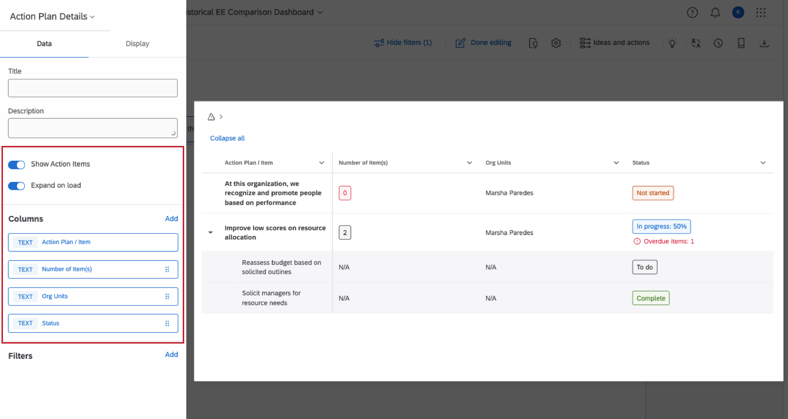 image of an action plan details widget in editing mode, with all its settings highlighted in the left editing pane