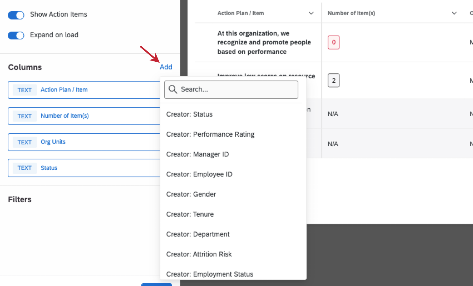 image of the Add button in the columns section of the left widget editing pane