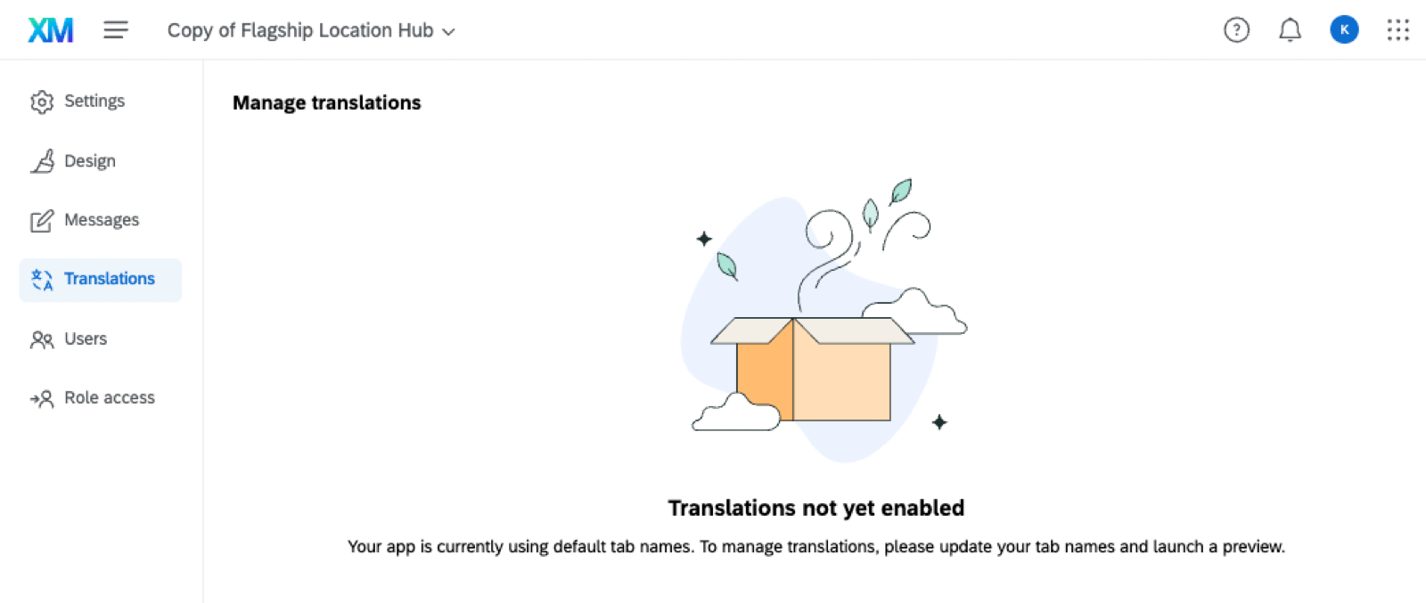 image of a splash page that explains you can't translate anything yet because you haven't created any custom text to translate