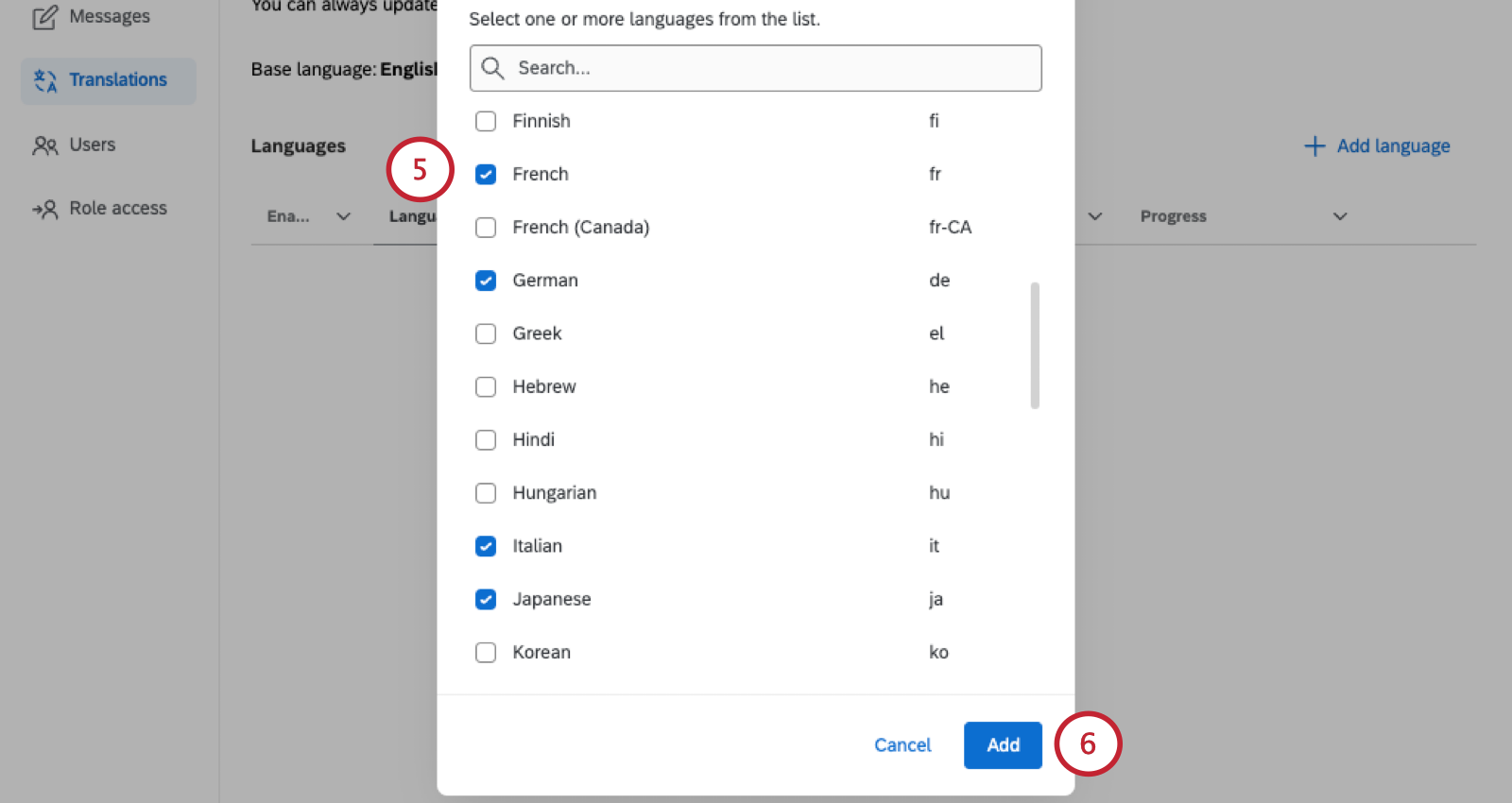image of a modal where you select languages