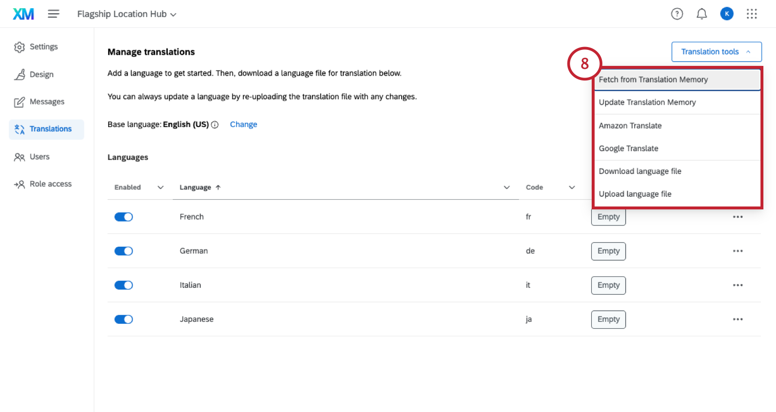 image of the translation tools menu