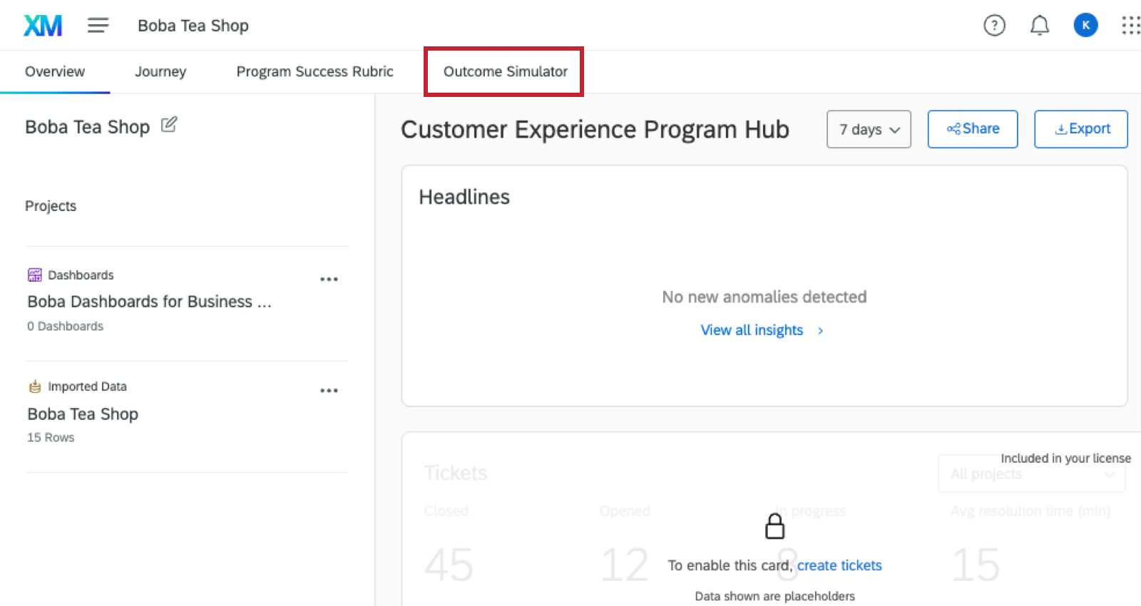 image of a Customer experience program with the business outcome simulator tab highlighted