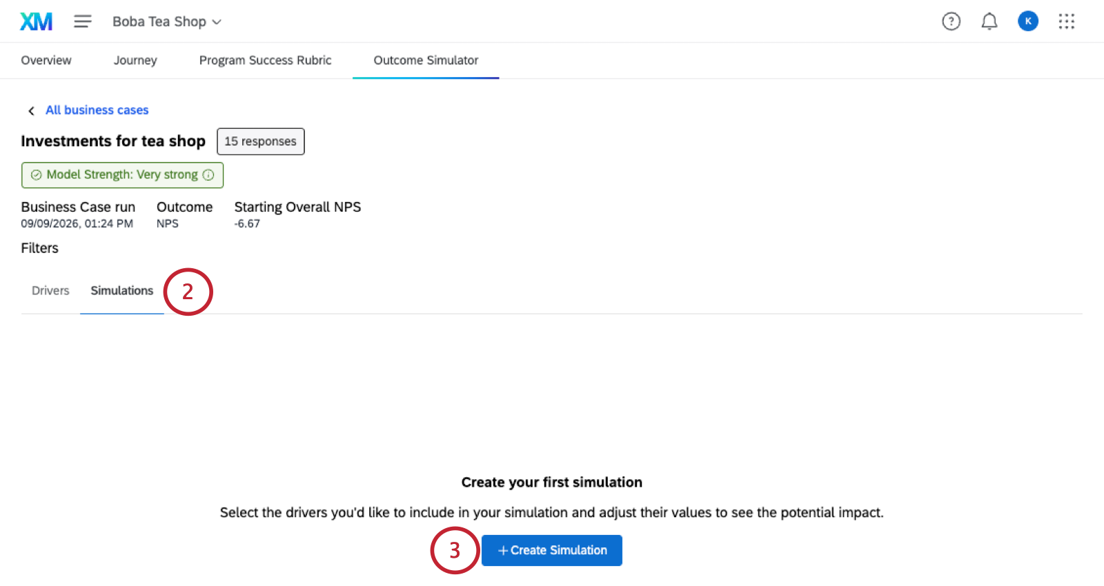 simulations tab with create simulations button in center