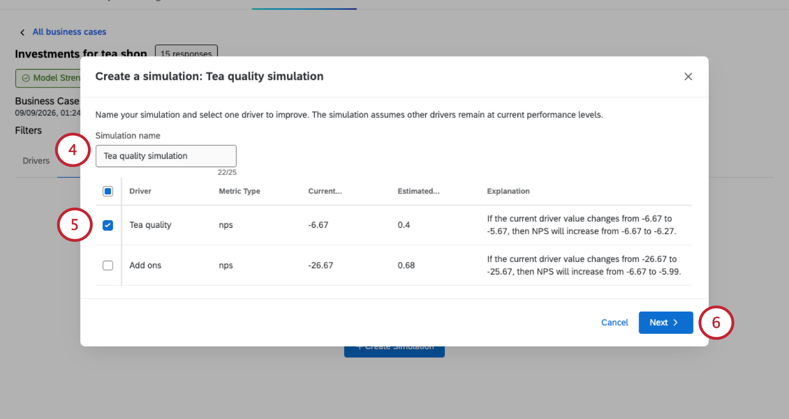image of a modal where you select one driver for the simulation