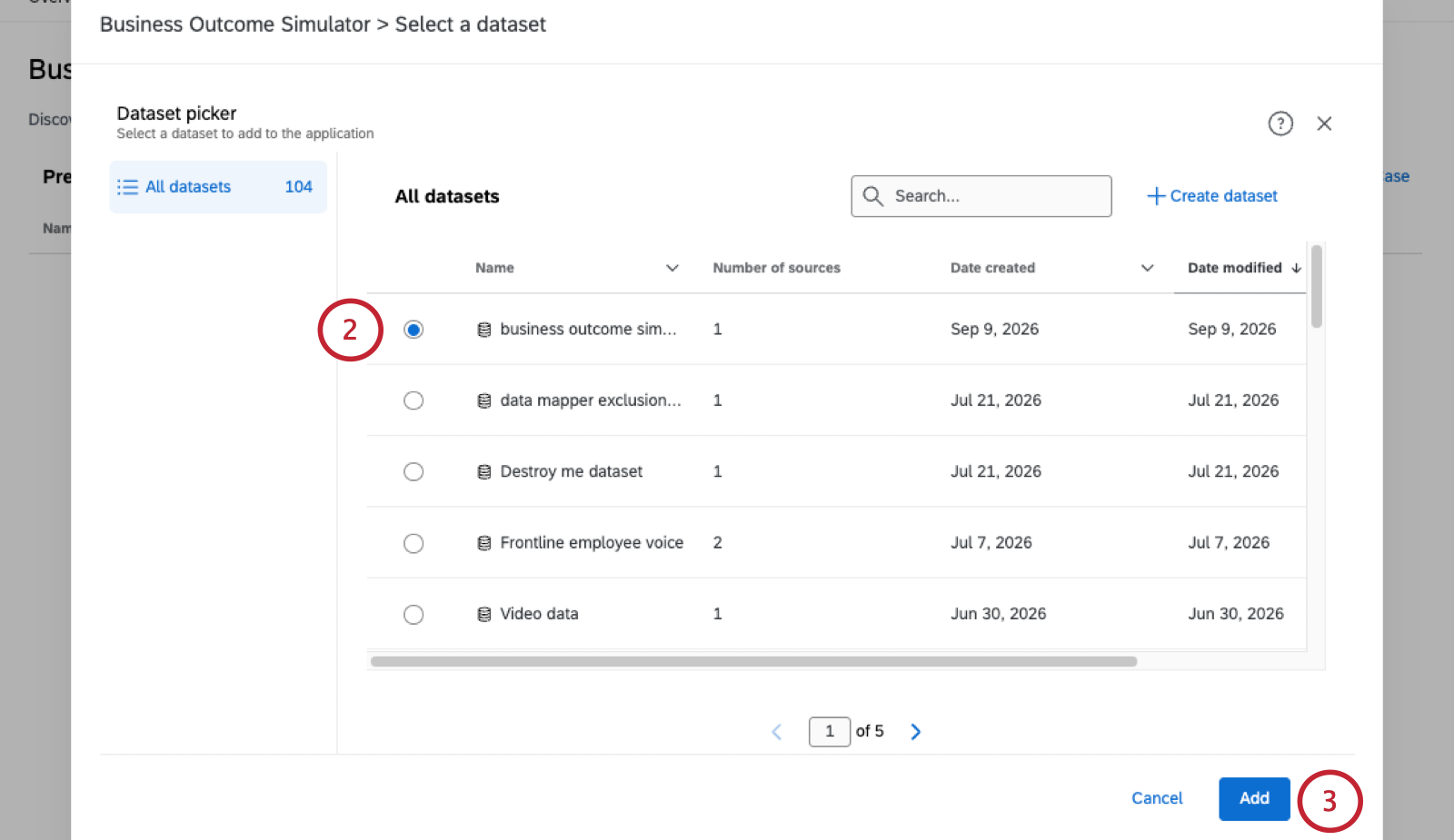 image of the modal where you select a dataset