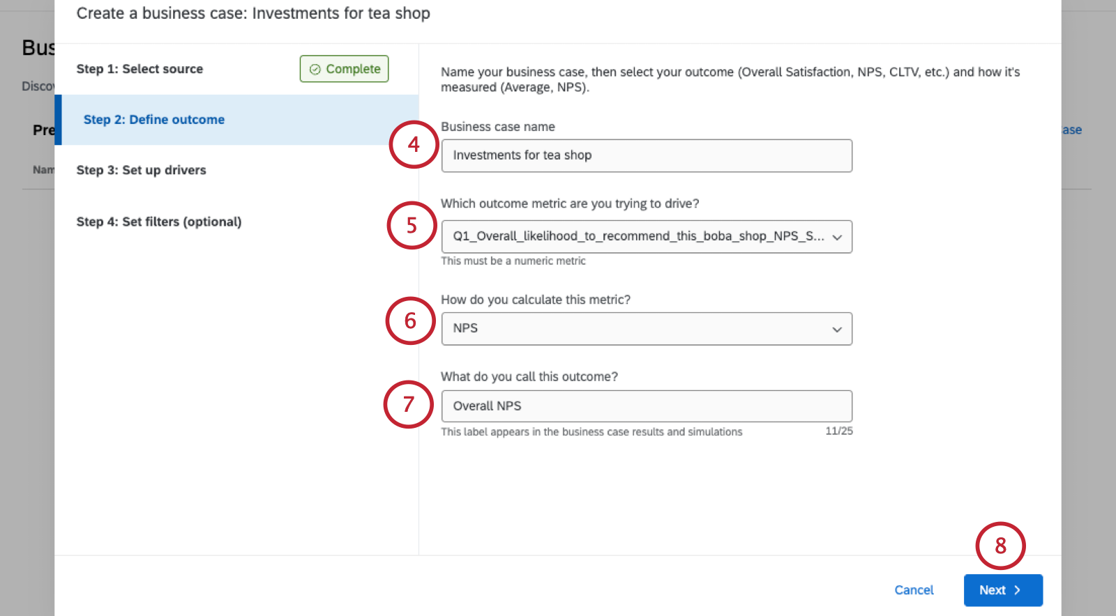 modal where you choose important details for the business outcome simulation