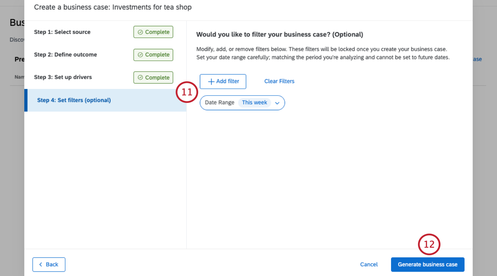 image of the modal where you set up filters for the business case