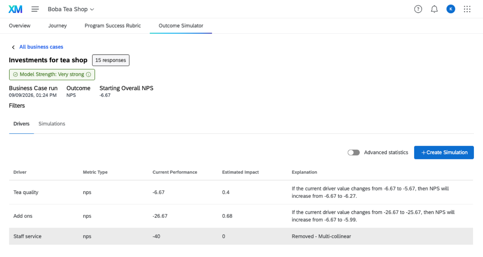 image of page after you click on a business case that shows more details, such as the drivers and the statistical calculations