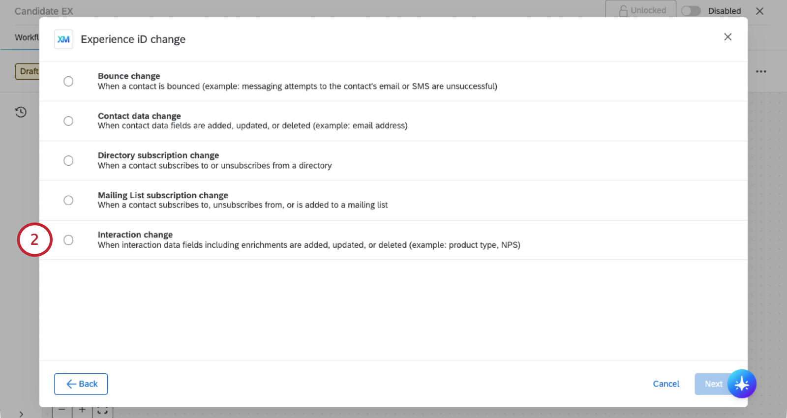 image of the modal that opens when you select experience ID change, and the interactions change option at the bottom of the list of options