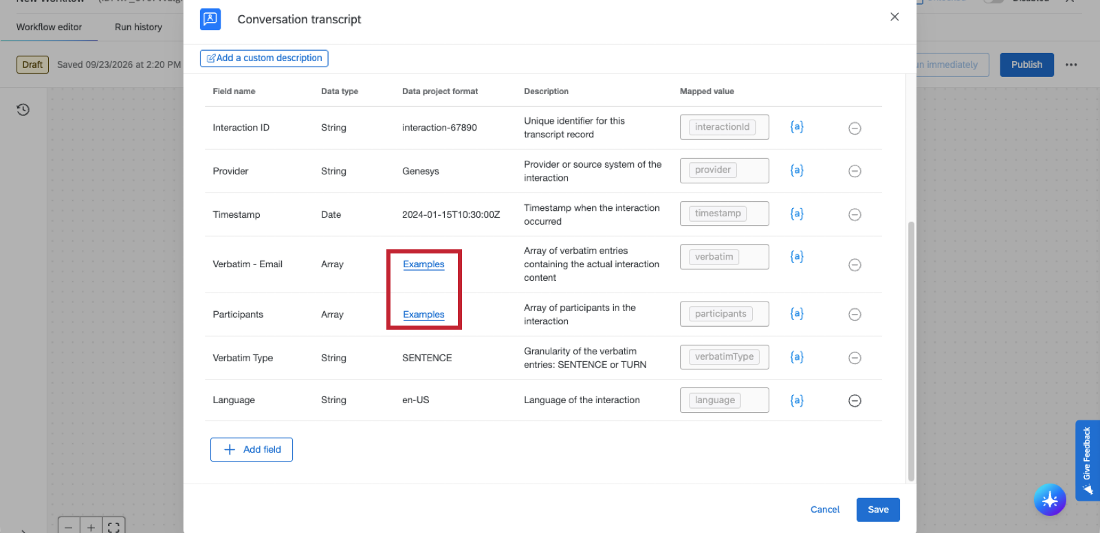 image of the conversation transcript tasks's modal with linked text you can click next to certain fields like Verbatim and Participants