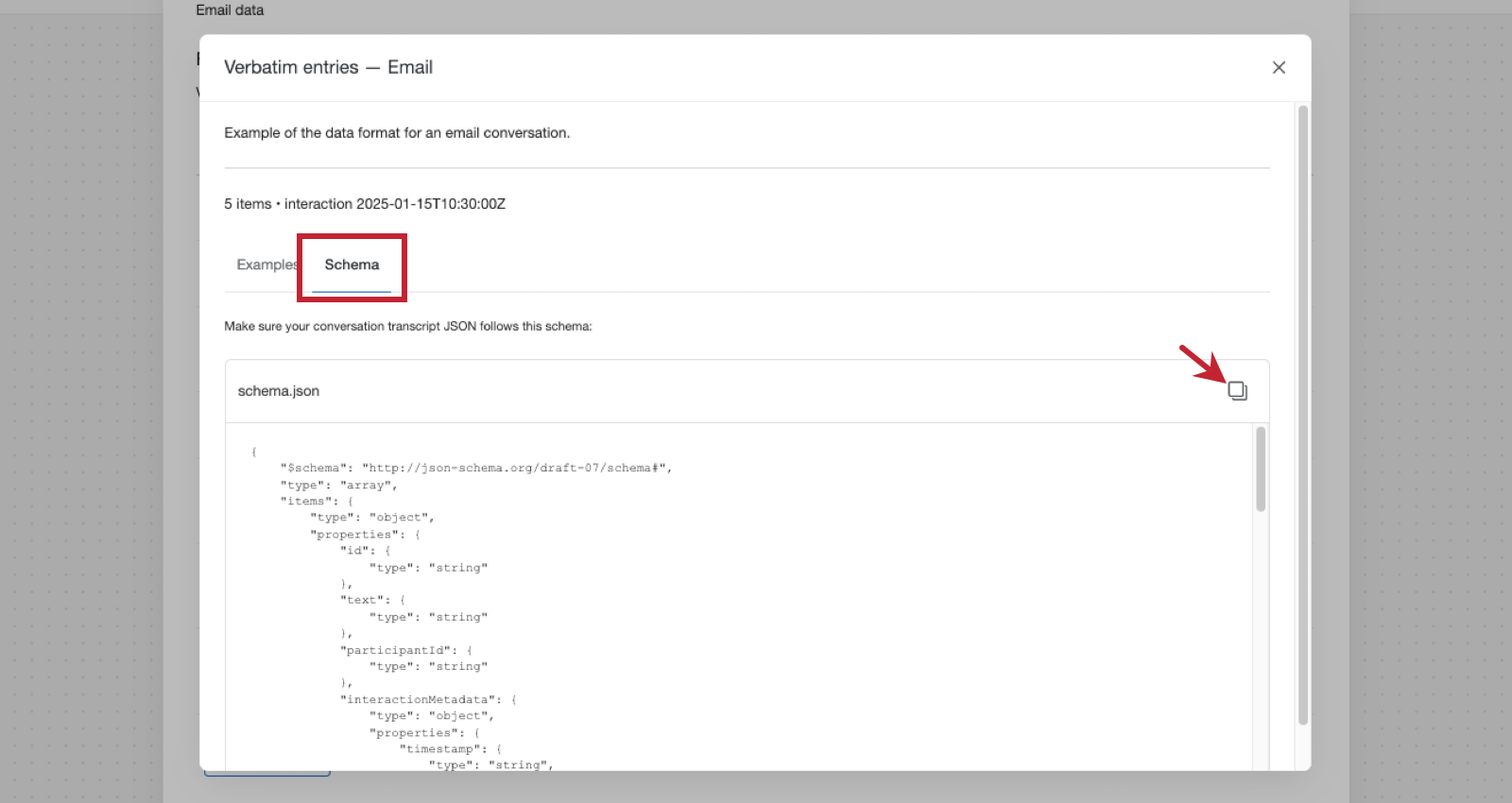 schema tab of the example is open and a copy icon above the JSON text is highlighted 