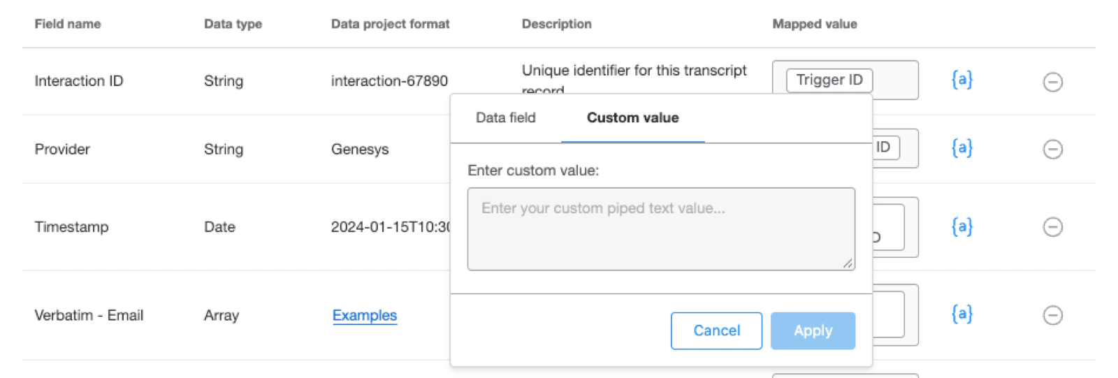 custom value modal has an empty space to write values