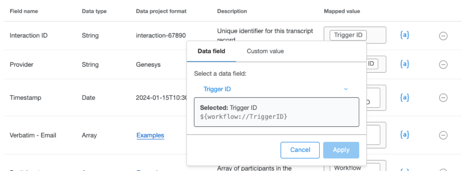 small modal coming out from a clicked field value, labelled data field, with a menu to select fields