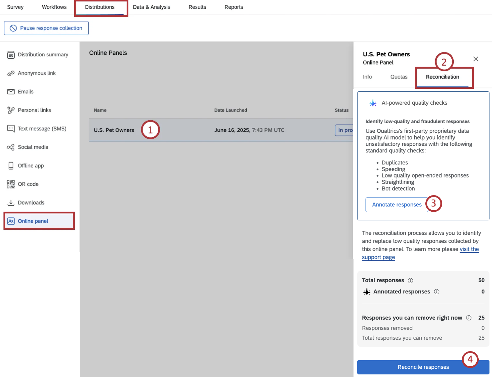data reconciliation options within the online panels tab