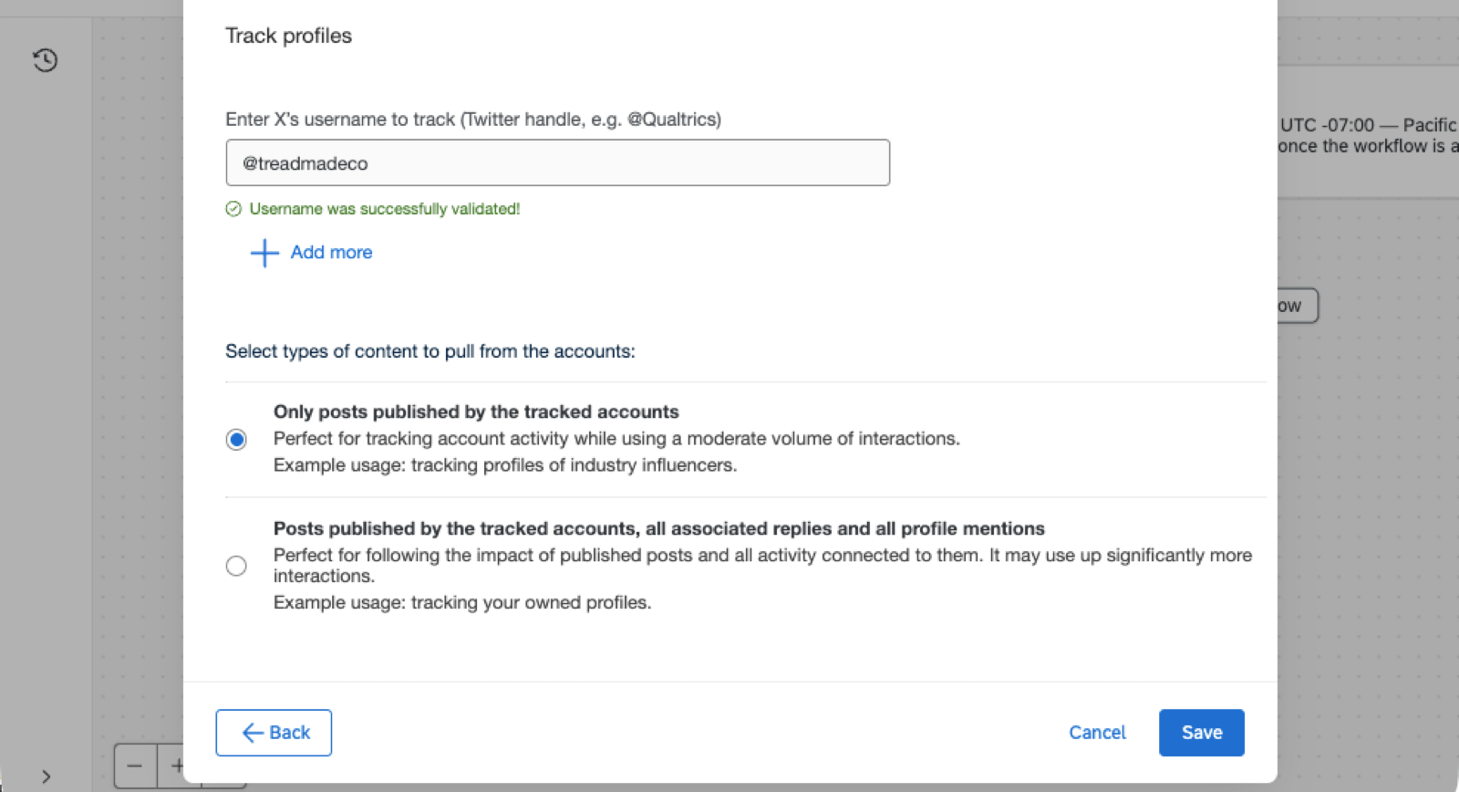 image of modal where you track X profiles
