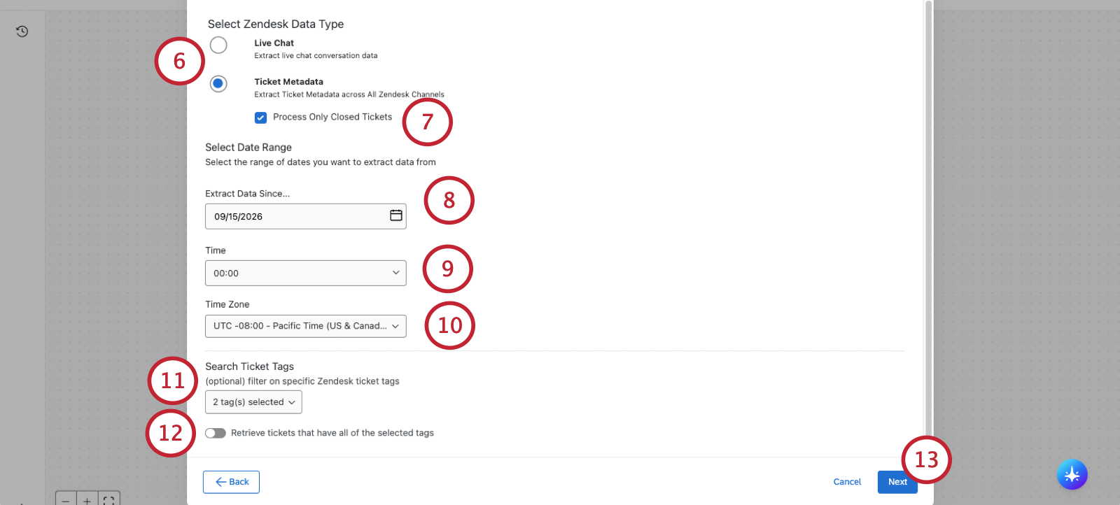 screenshot of modal where you configure task to extract certain zendesk data