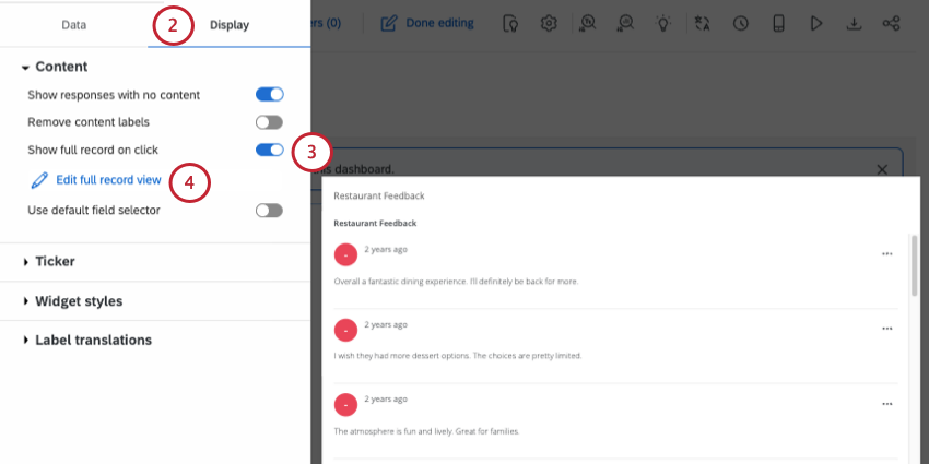 enabling and editing full record view in a response ticker widget