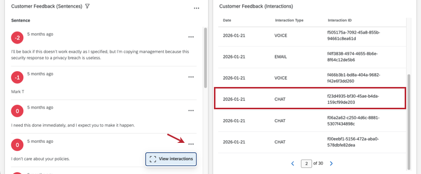 image of how to view interactions with rows in a widget highlighted