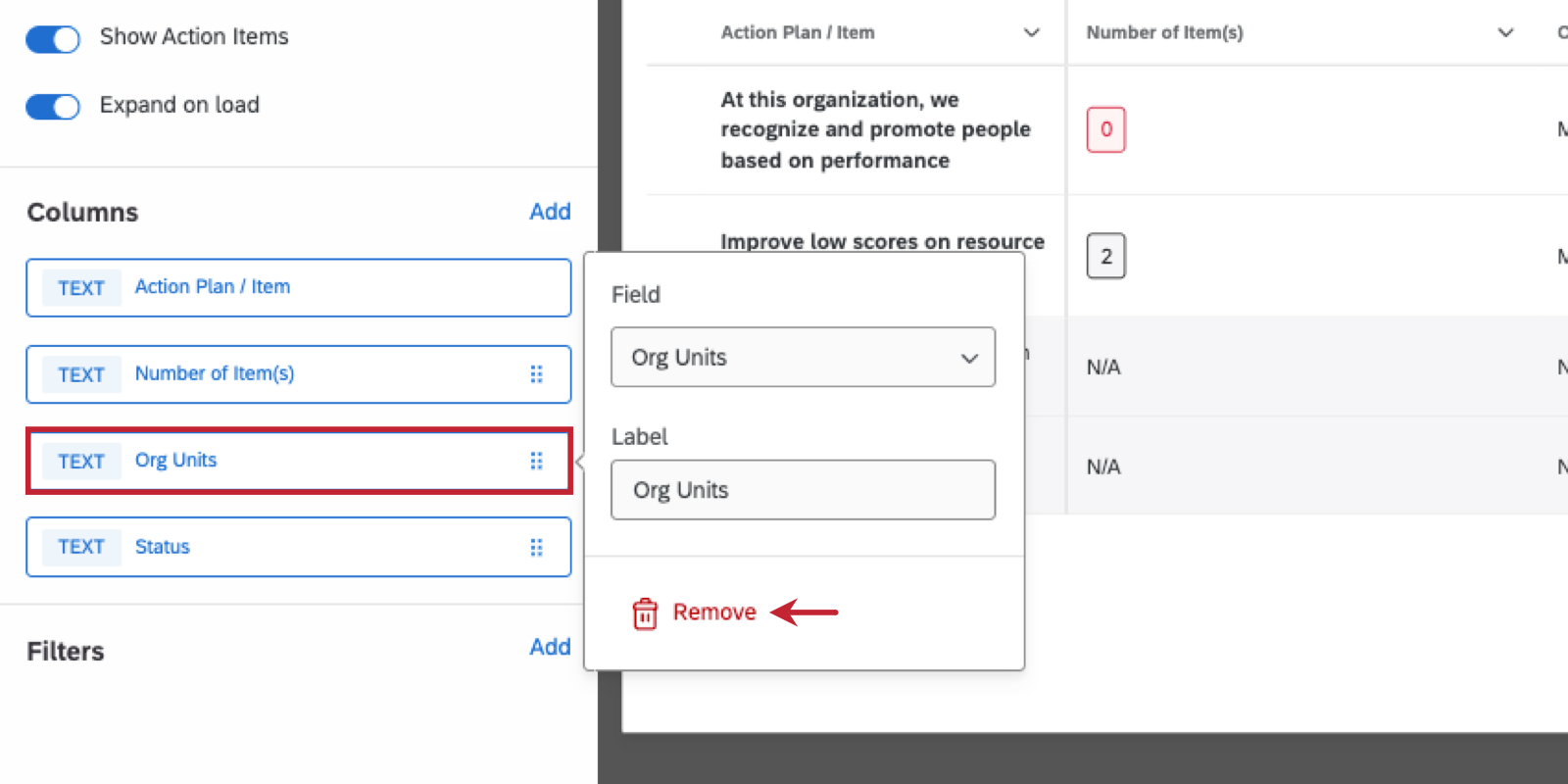 column clicked, opening a menu with deletion options