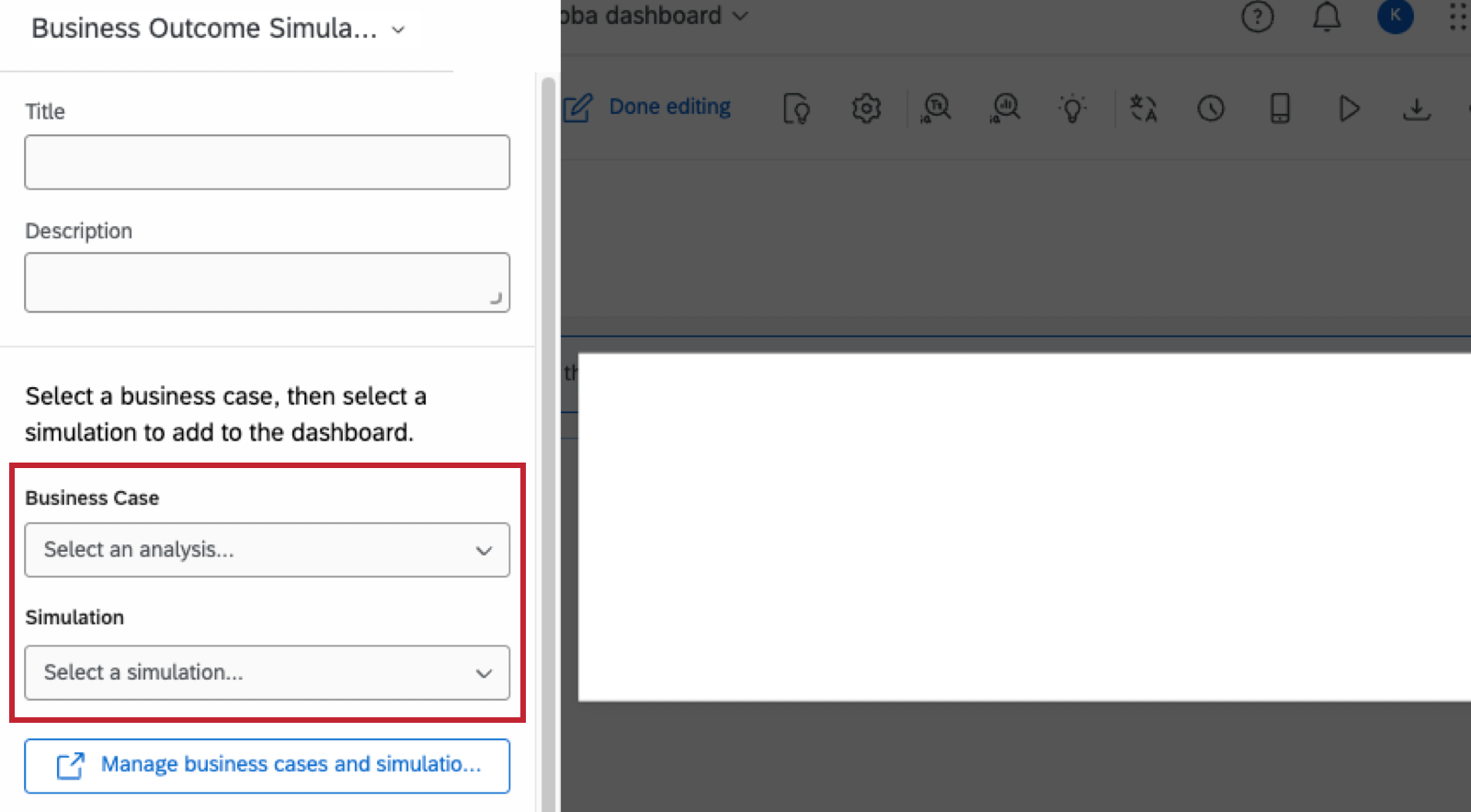 image of a business simulator widget in editing mode with the only 2 fields you need to select highlighted 