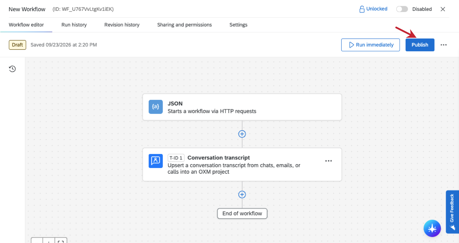 workflow editor with the publish button in the top-right highlighted