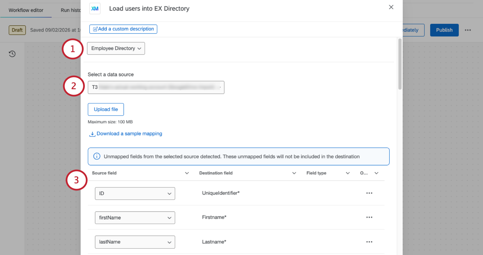 modal where you configure the load EX users task
