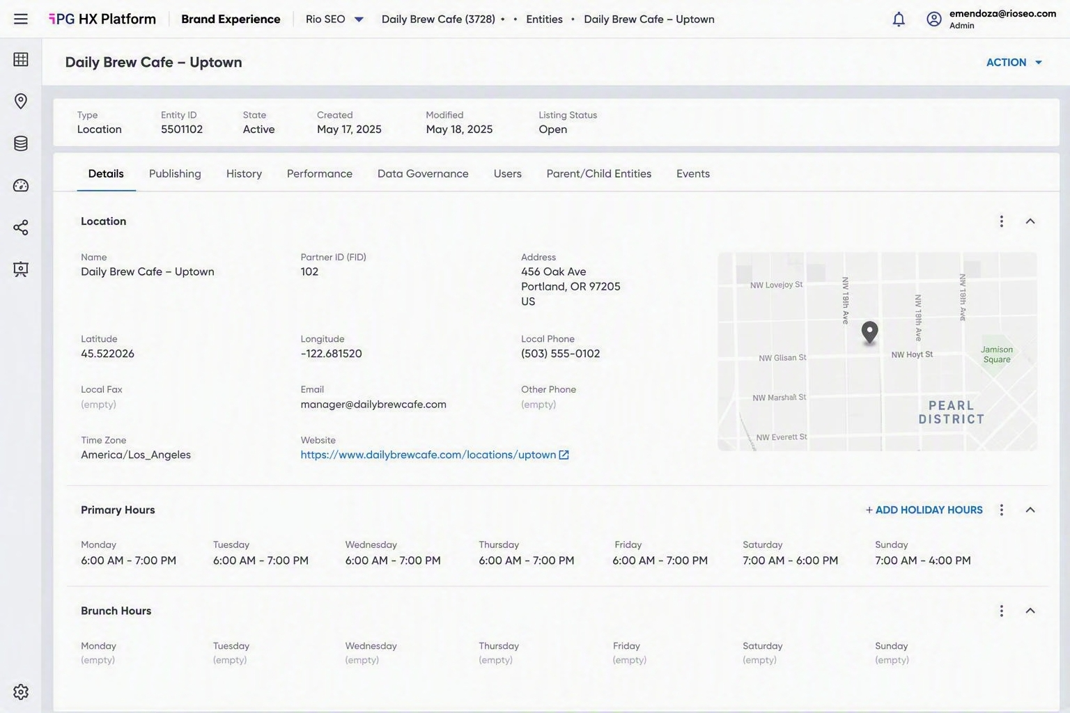 image d'un lieu et de ses différentes informations, telles que la latitude, la longitude, l'adresse et sa position sur la carte, telles qu'elles apparaissent dans le logiciel « Local Listings »