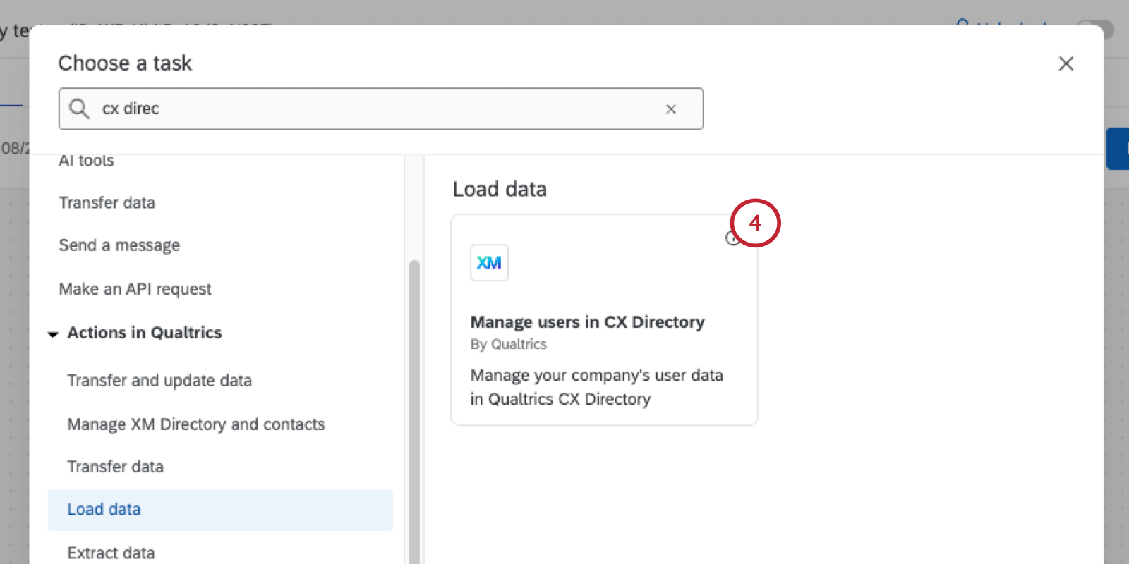 modal showing the manage CX users in directory task
