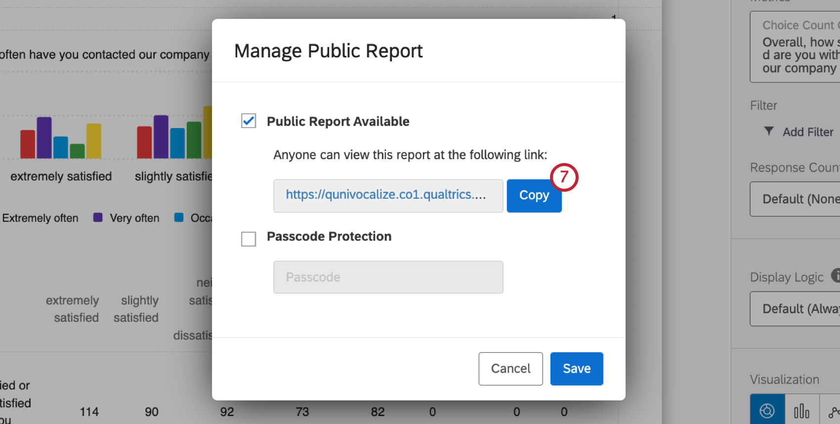copy button within the public report popup window