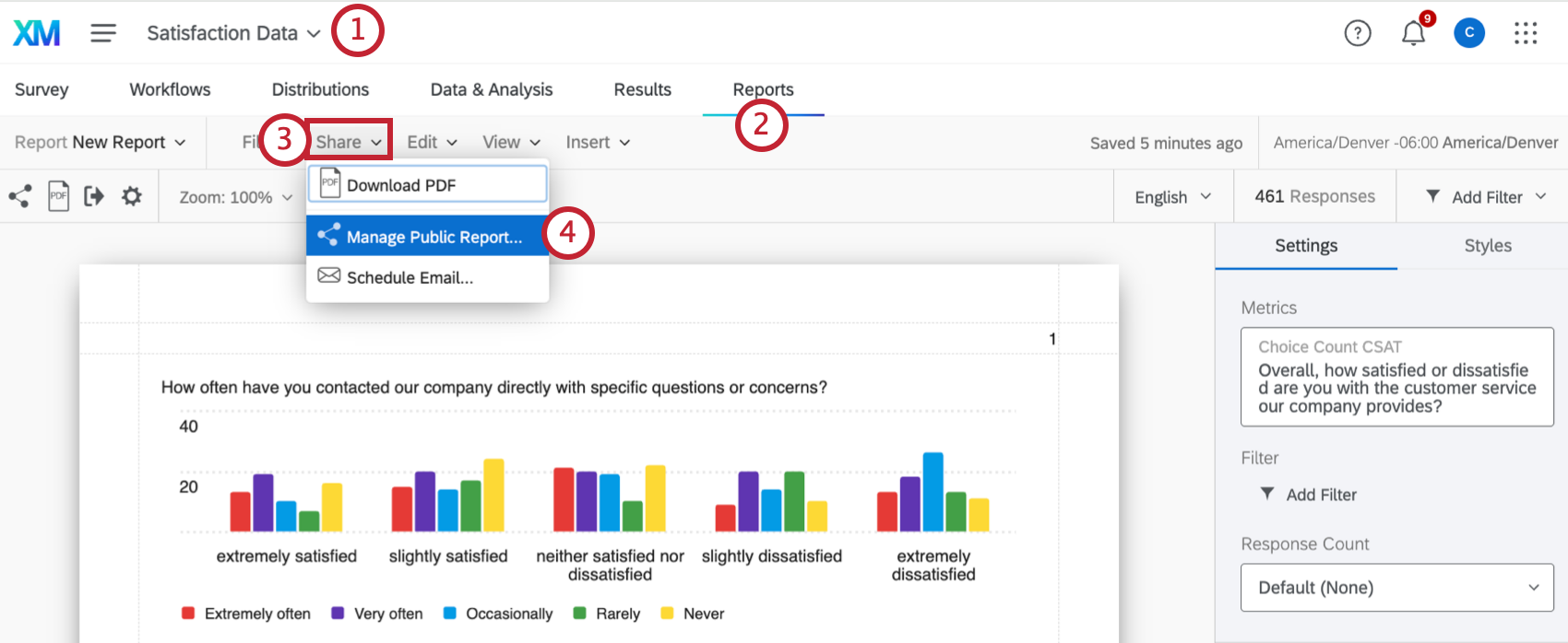 dropdowns to share a report publicly