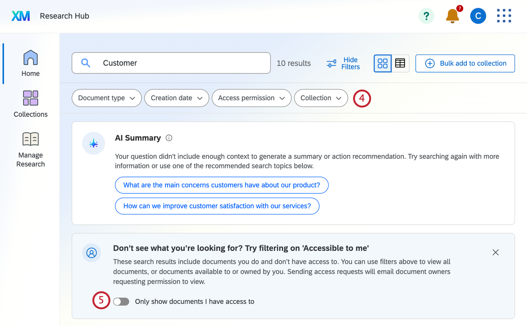 search options within research hub