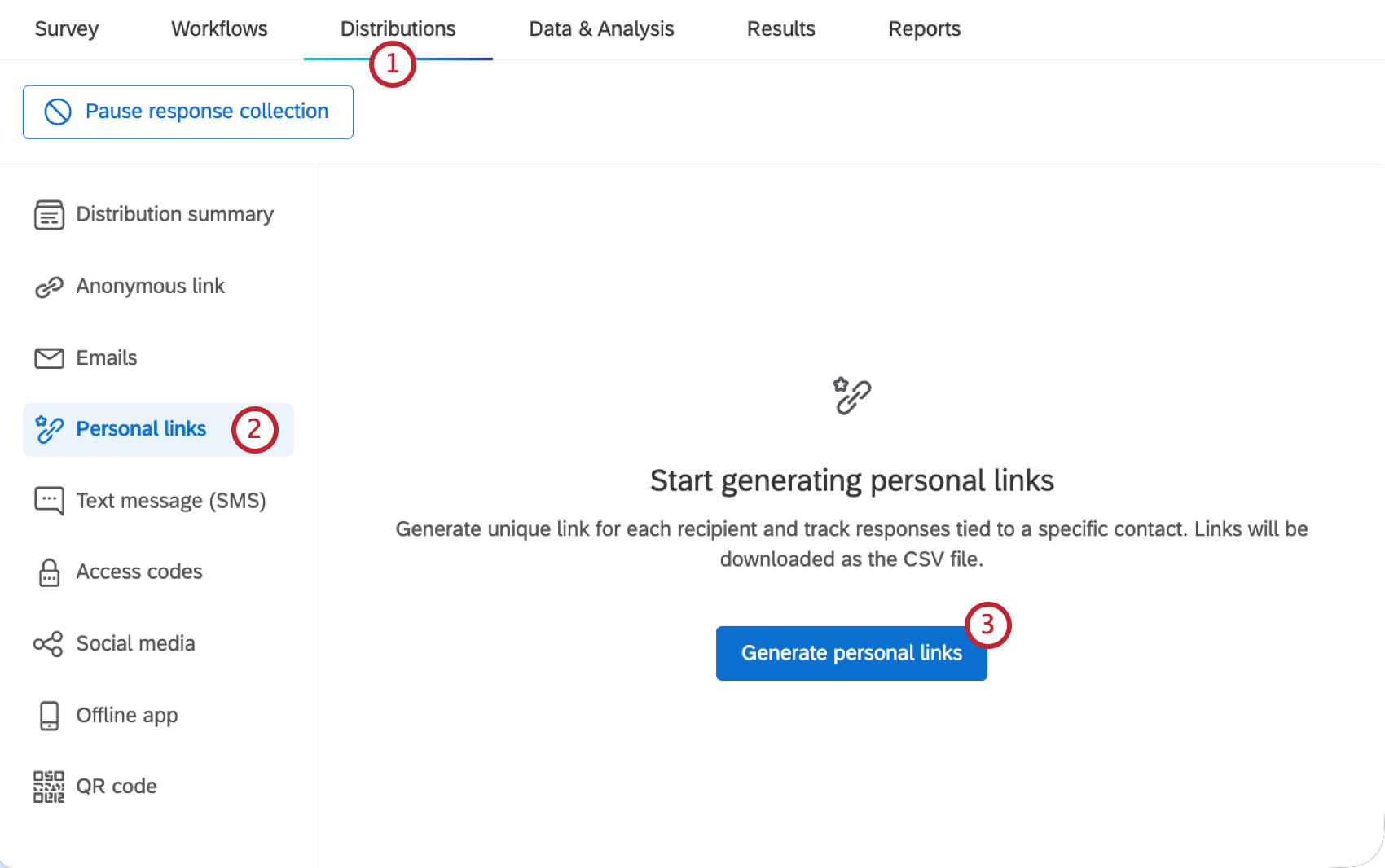 personal links section within the distributions tab