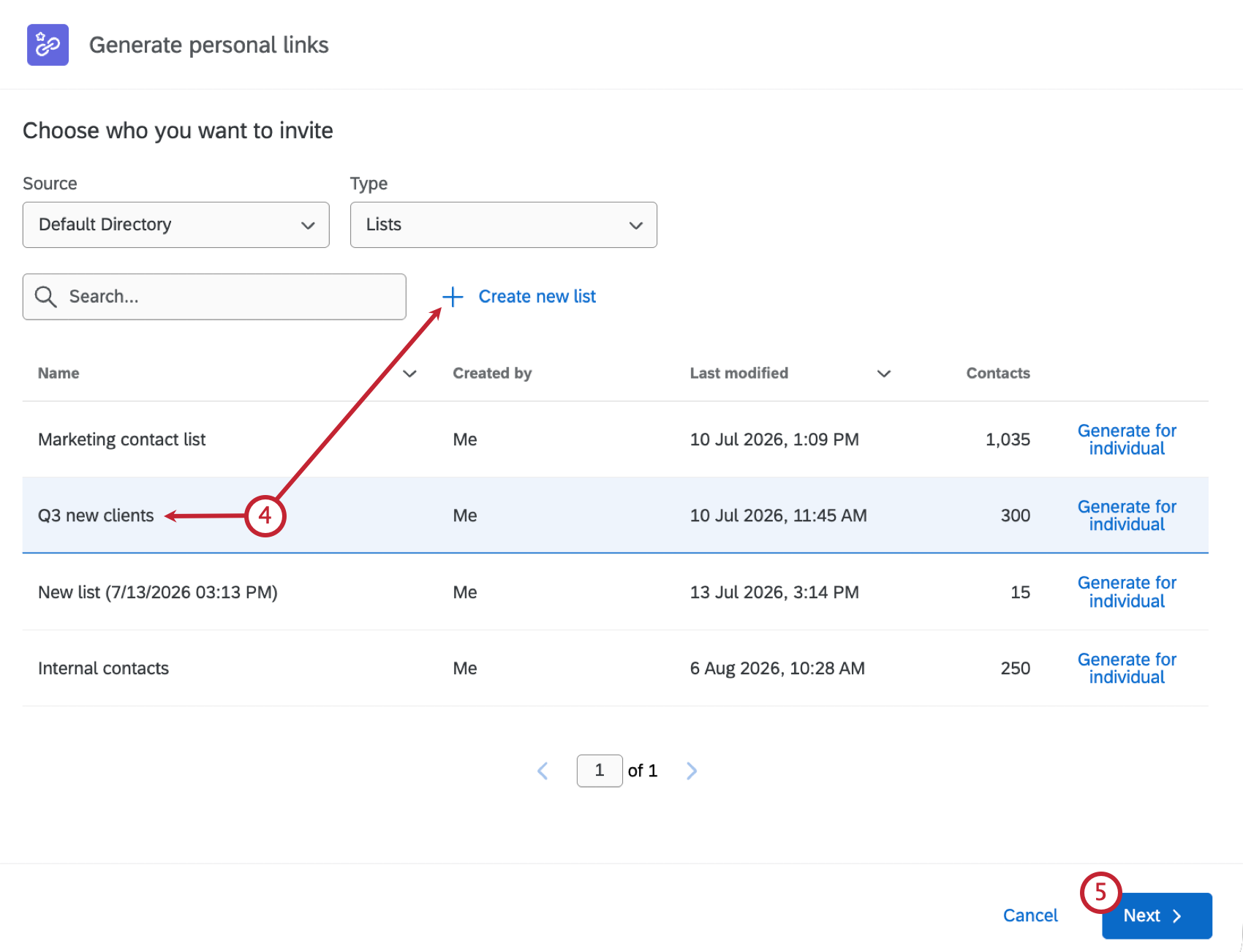 arrows pointing to a selected list and the button to create a new list