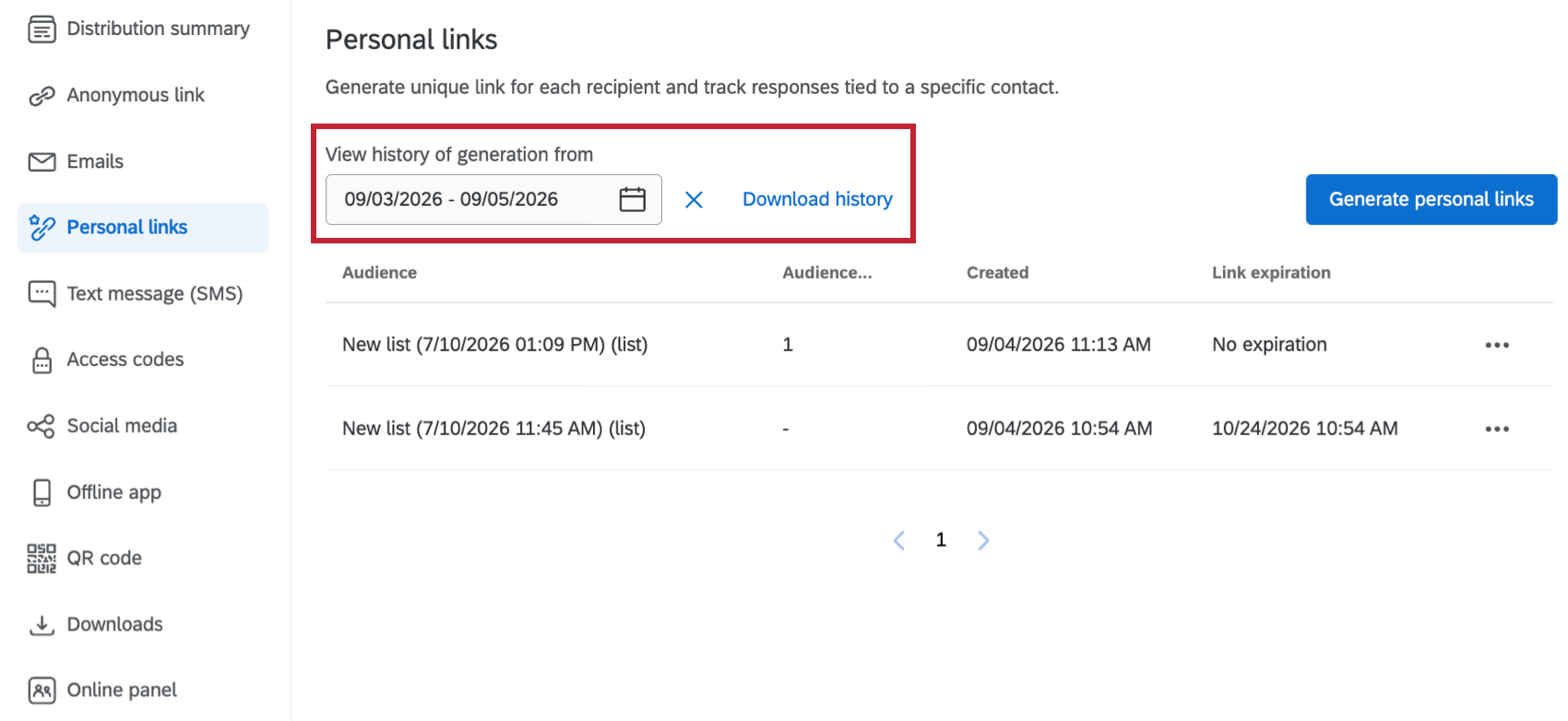 filtro de intervalo de datas na parte superior da aba “Distribuição de links pessoais”