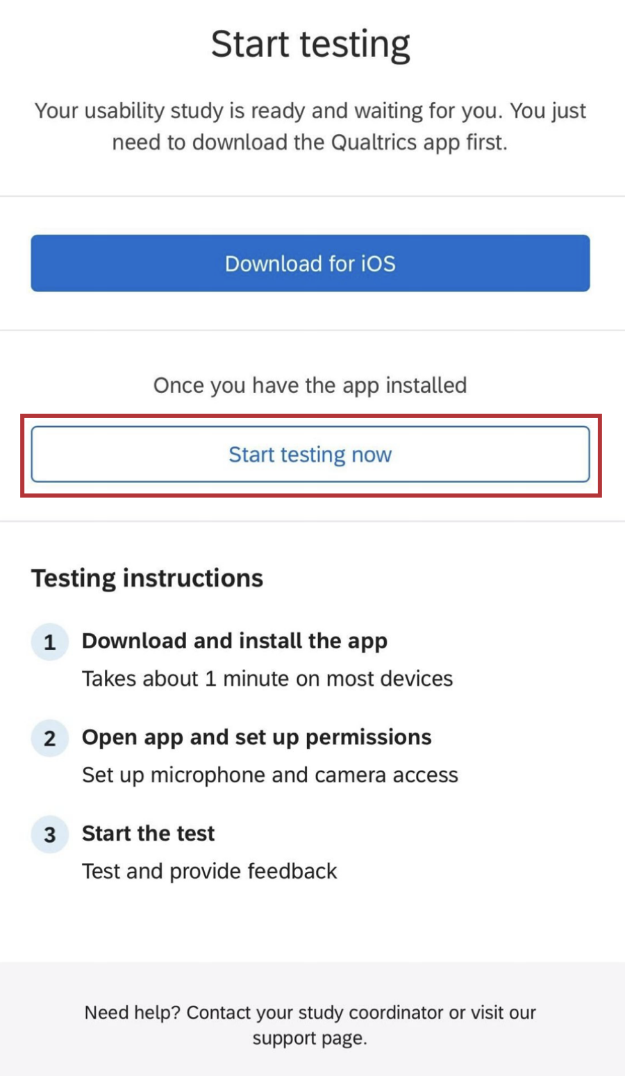 start testing button within an unmoderated user testing survey