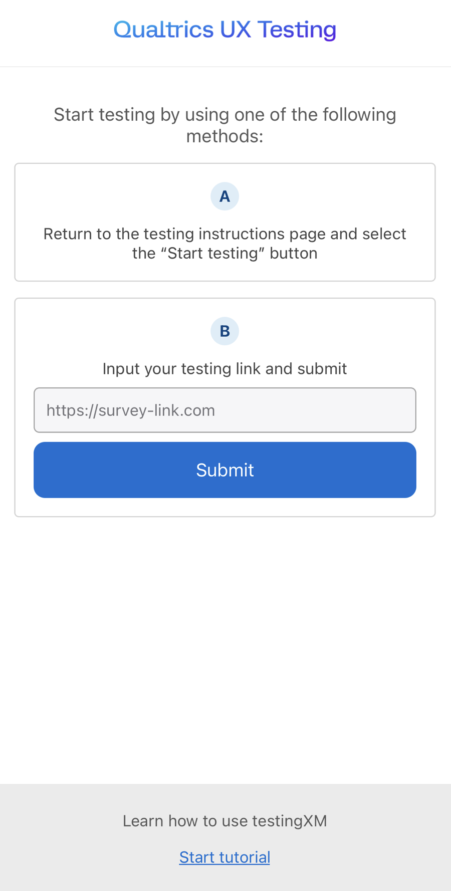 screen within the app where you can input a survey link to start testing
