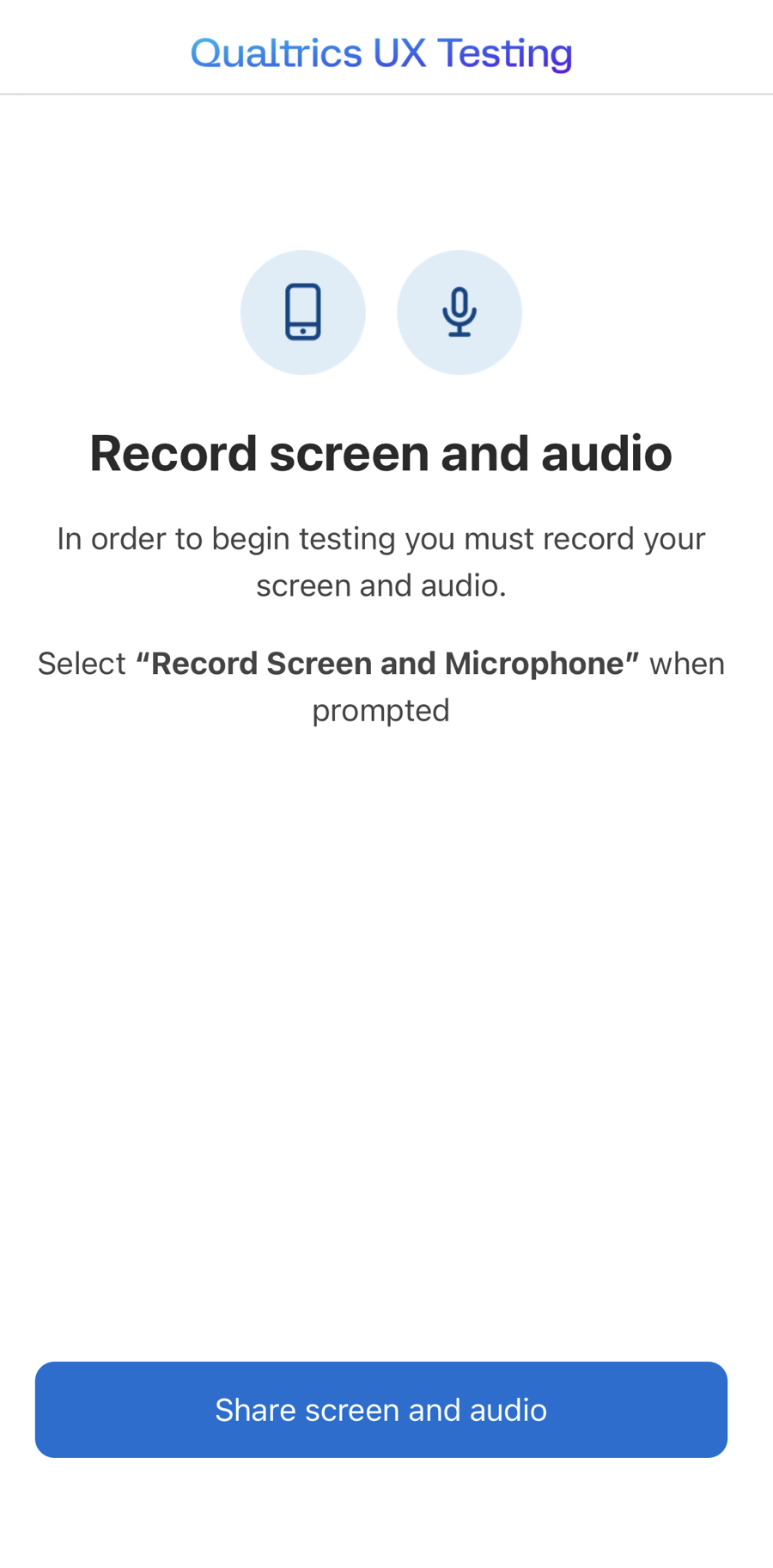 screen within the app where you can grant permissions to record screen and audio, "record screen and audio" button at the bottom