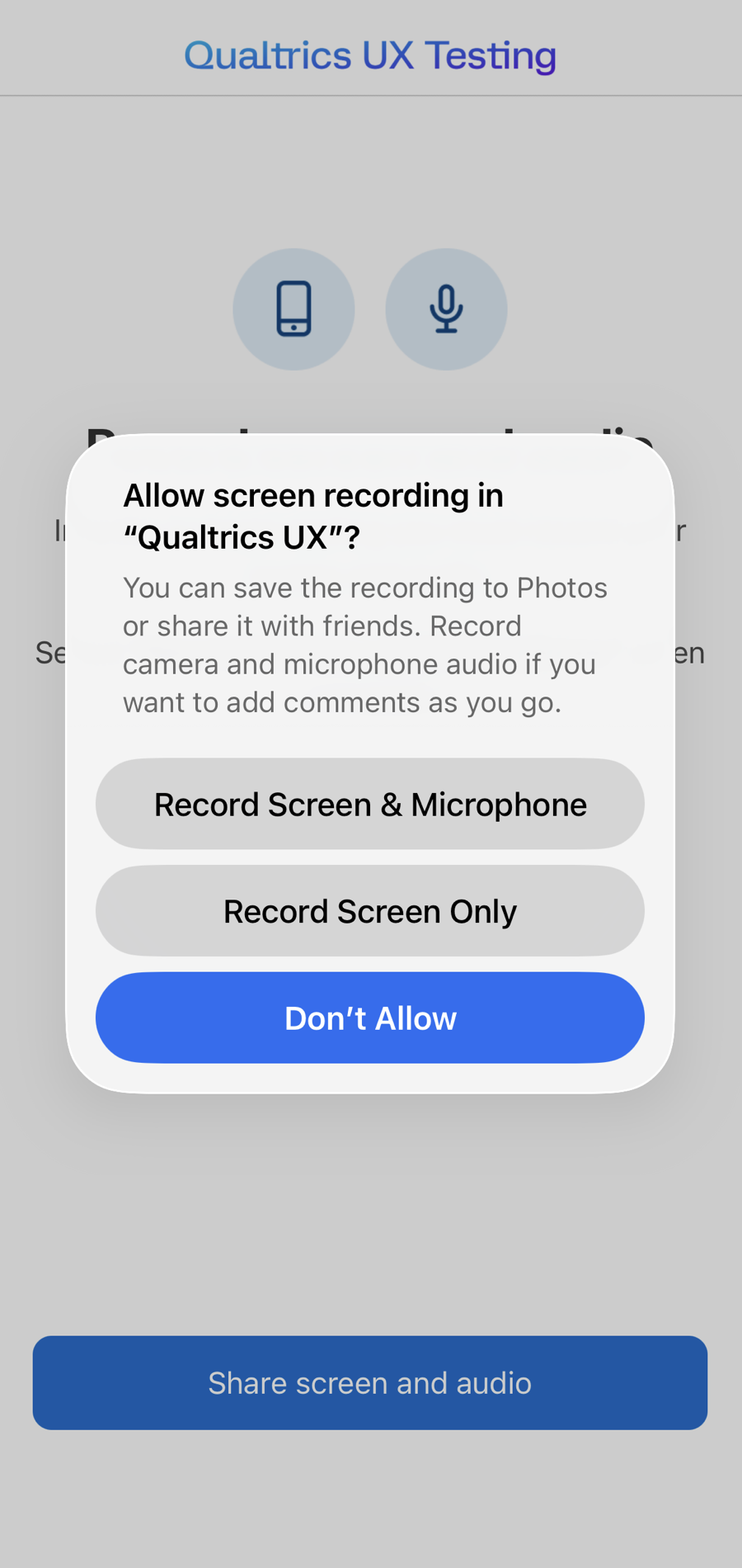phone pop-up over the app screen with permission buttons to allow screen recording and audio recording 