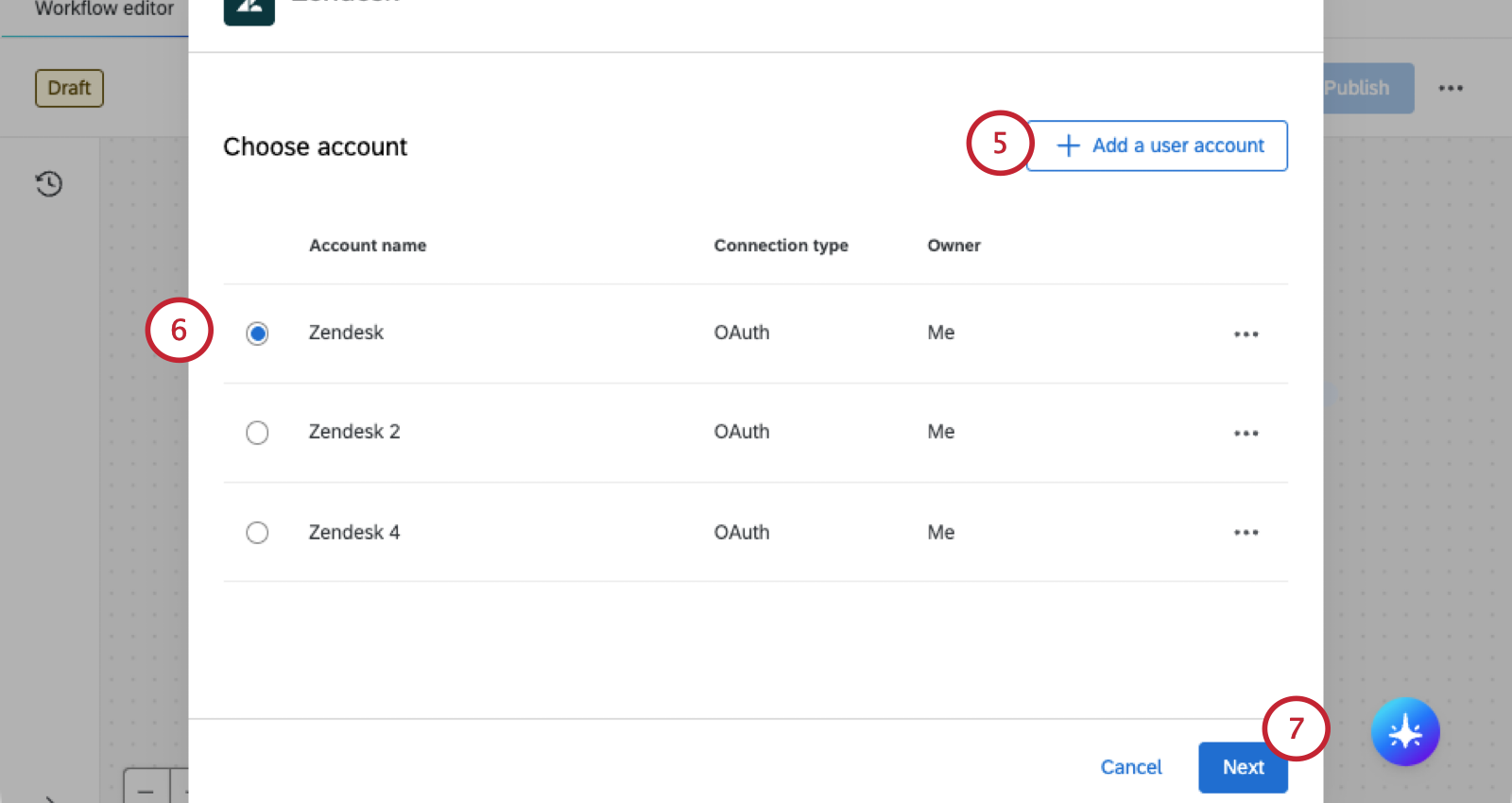choose account model has zendesk accounts listed to select