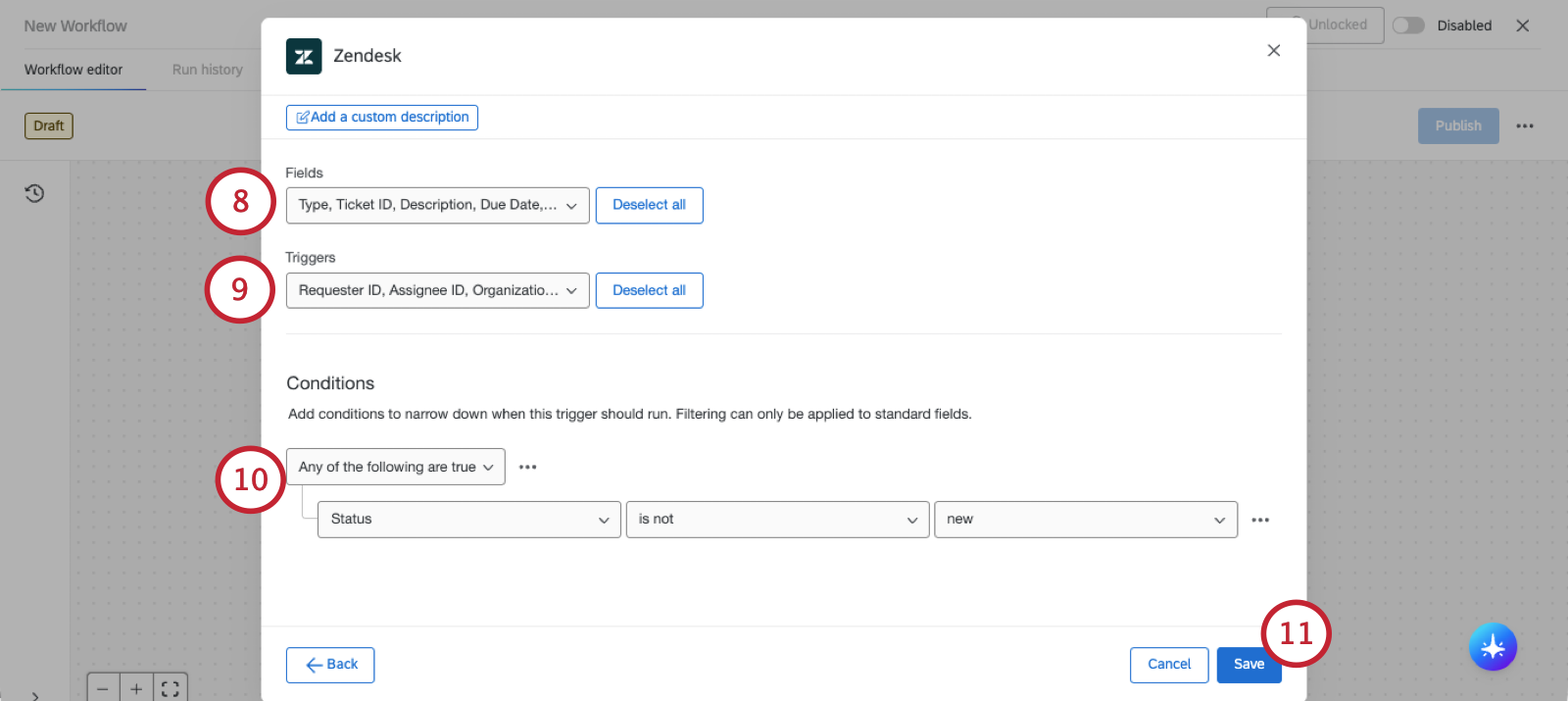 modal where you set up fields, triggers, and conditions for zendesk event