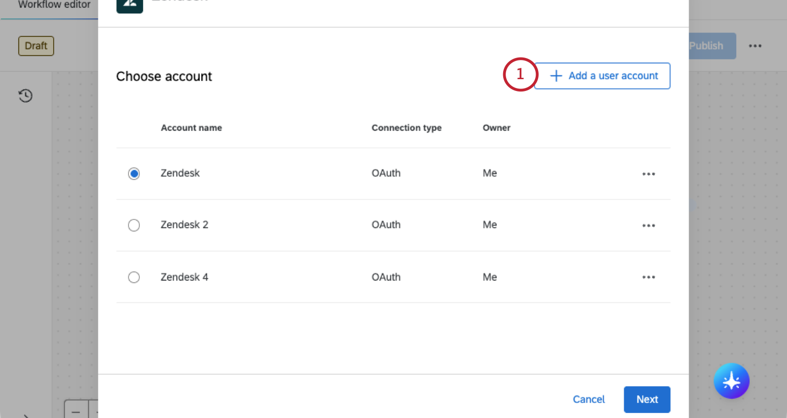 inside the zendesk modal, clicking add a user account
