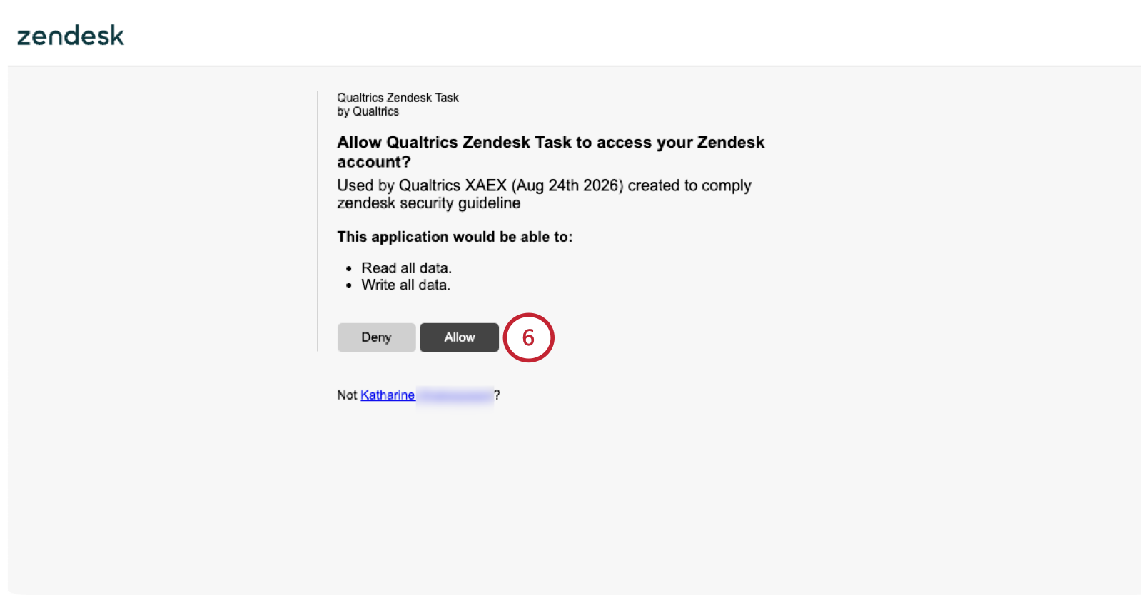 page where zendesk asks if you'd like to authorize Qualtrics to connect to your account for this workflow setup