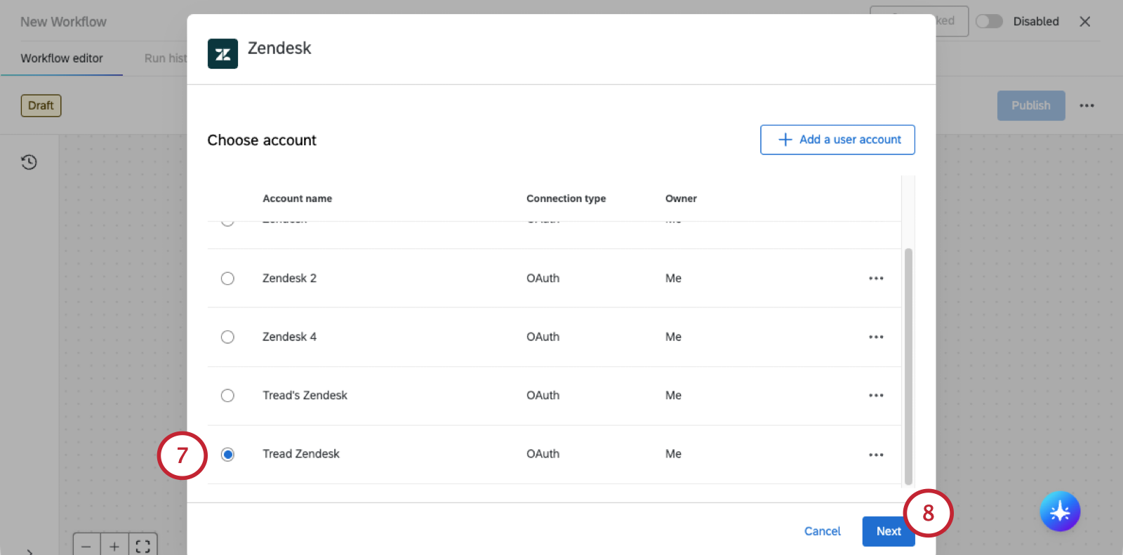 modal in Qualtrics with a list of authorized zendesk accounts to choose from